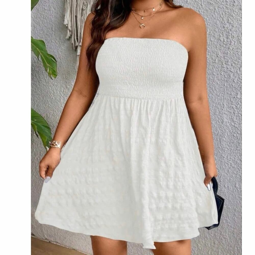 SHEIN VCAY White Textured Tube Dress 2XL - Smocked Shirred Crinkle Mini - NWT